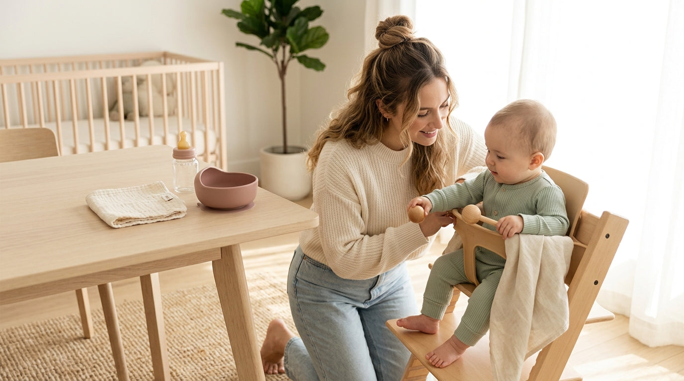Mother sitting on couch looking at smartphone while toddler plays with wooden blocks on the rug