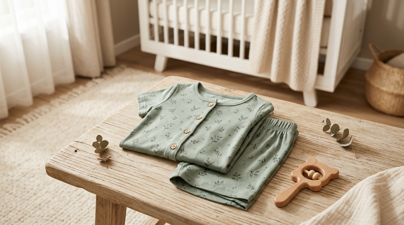 Twin toddler girls wearing organic cotton short sleeve pajamas on a bed.