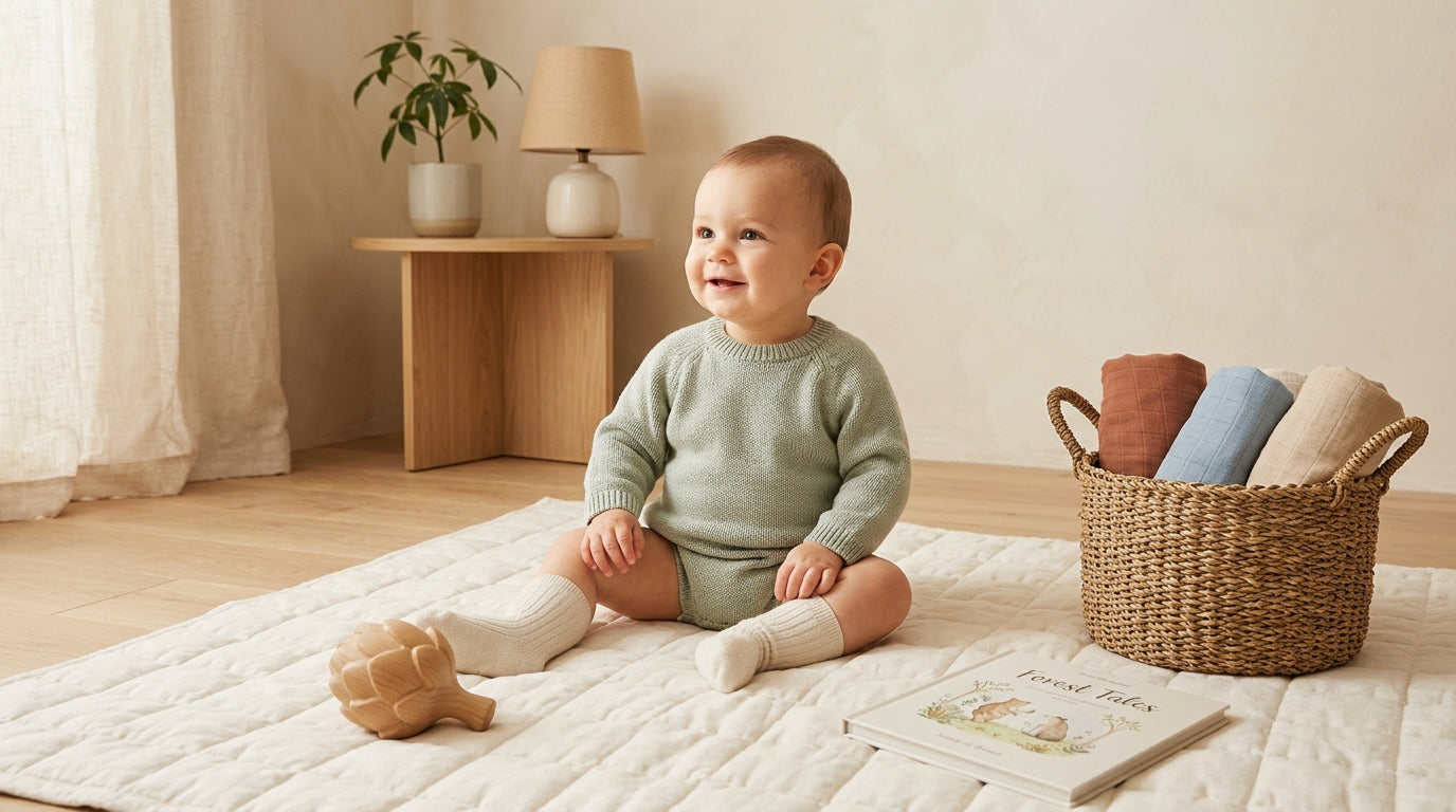 Baby in green organic cotton bodysuit playing on a wooden mat