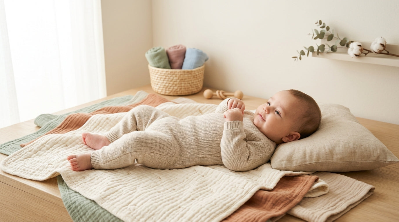 A tired mom holding a congested baby during winter cold and flu season.
