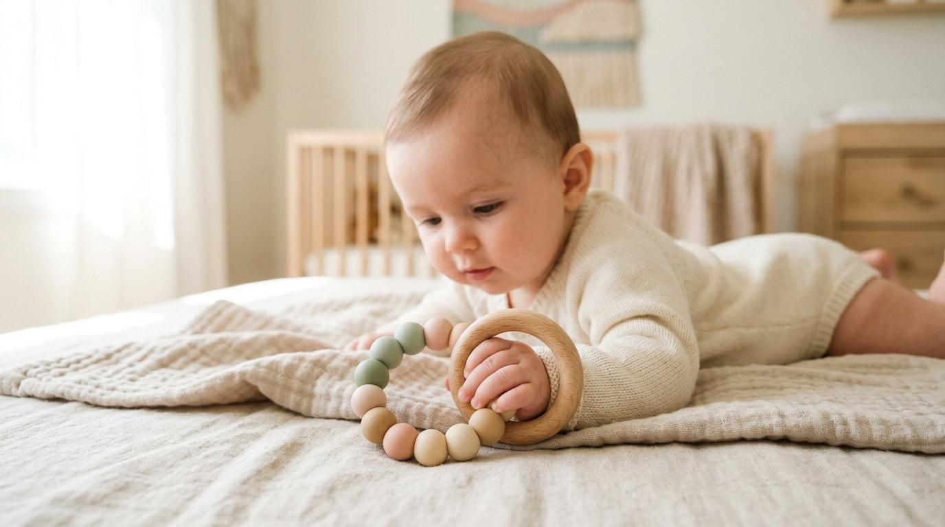 exhausted mom holding a baby who is aggressively chewing on a silicone panda teether