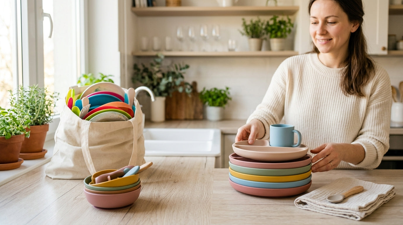A messy highchair tray with a green silicone baby bowl and half-eaten spaghetti