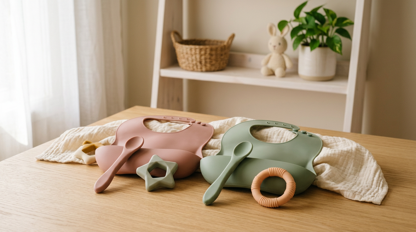 A tired dad inspecting a silicone teether while twin toddlers gnaw on furniture