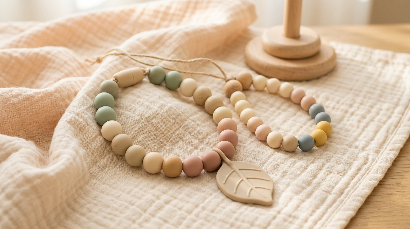 Tired dad holding an 11 month old baby who is happily chewing on his necklace