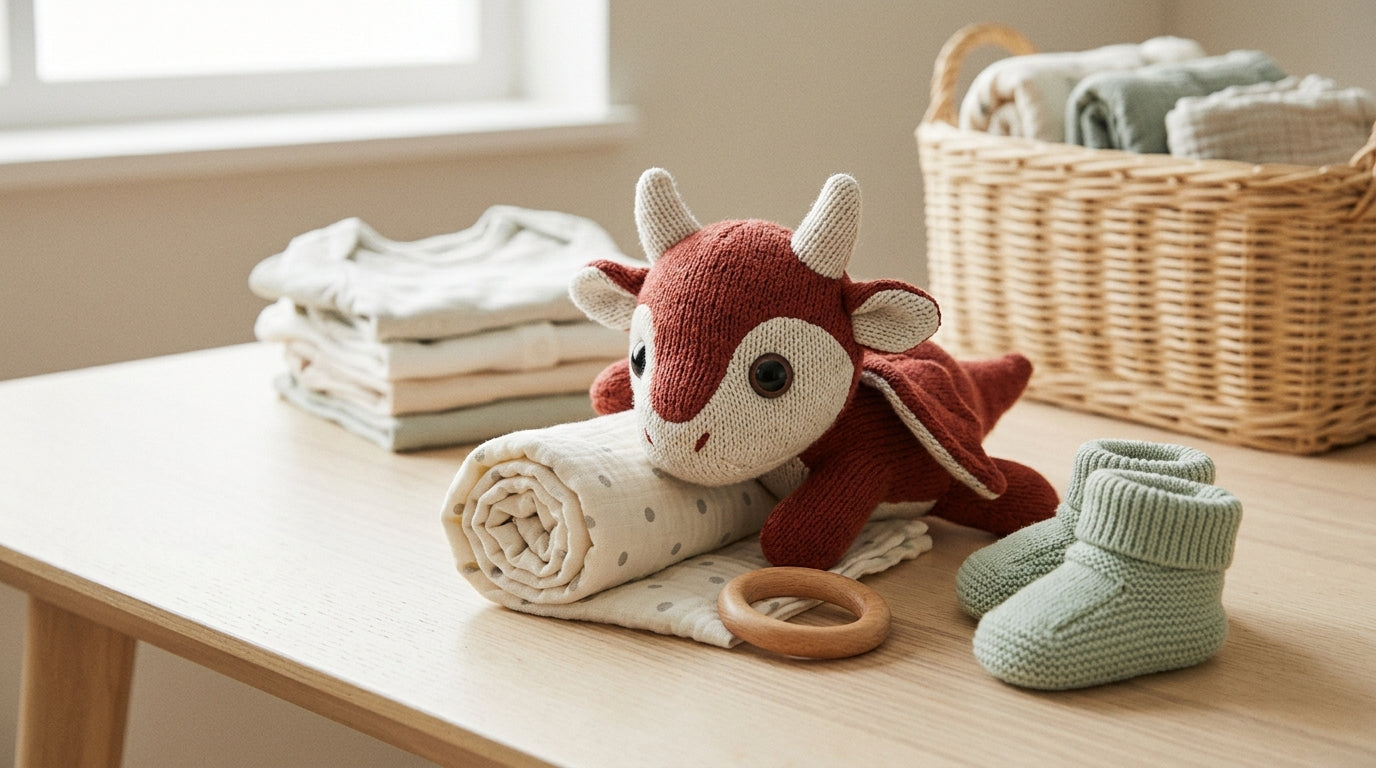 A wooden baby play gym set up in a living room next to a television