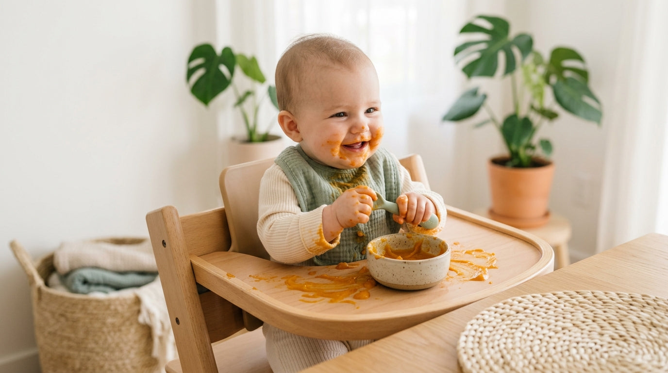 Six month old baby covered in sweet potato puree sitting on a floor mat