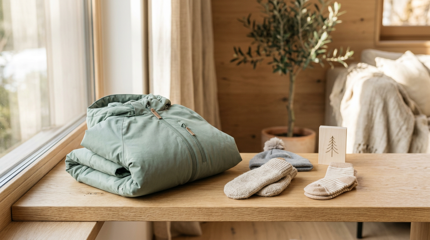 Baby bundled in bright winter gear sitting confused in the snow