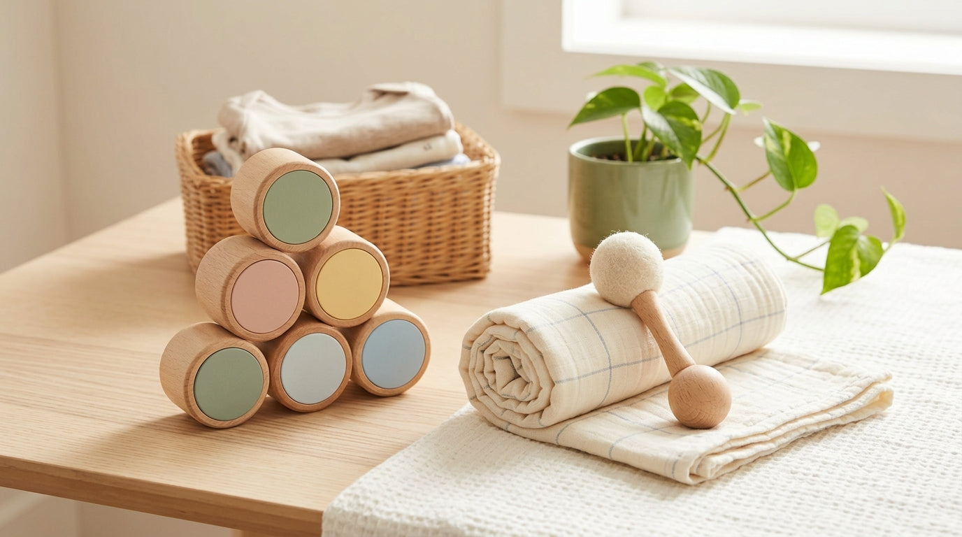 A messy living room floor with a wooden baby play gym and a half-empty coffee mug