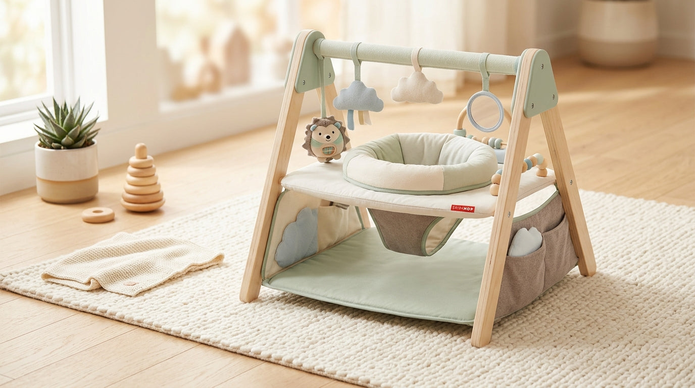 Stationary infant entertainer with toys in a London living room