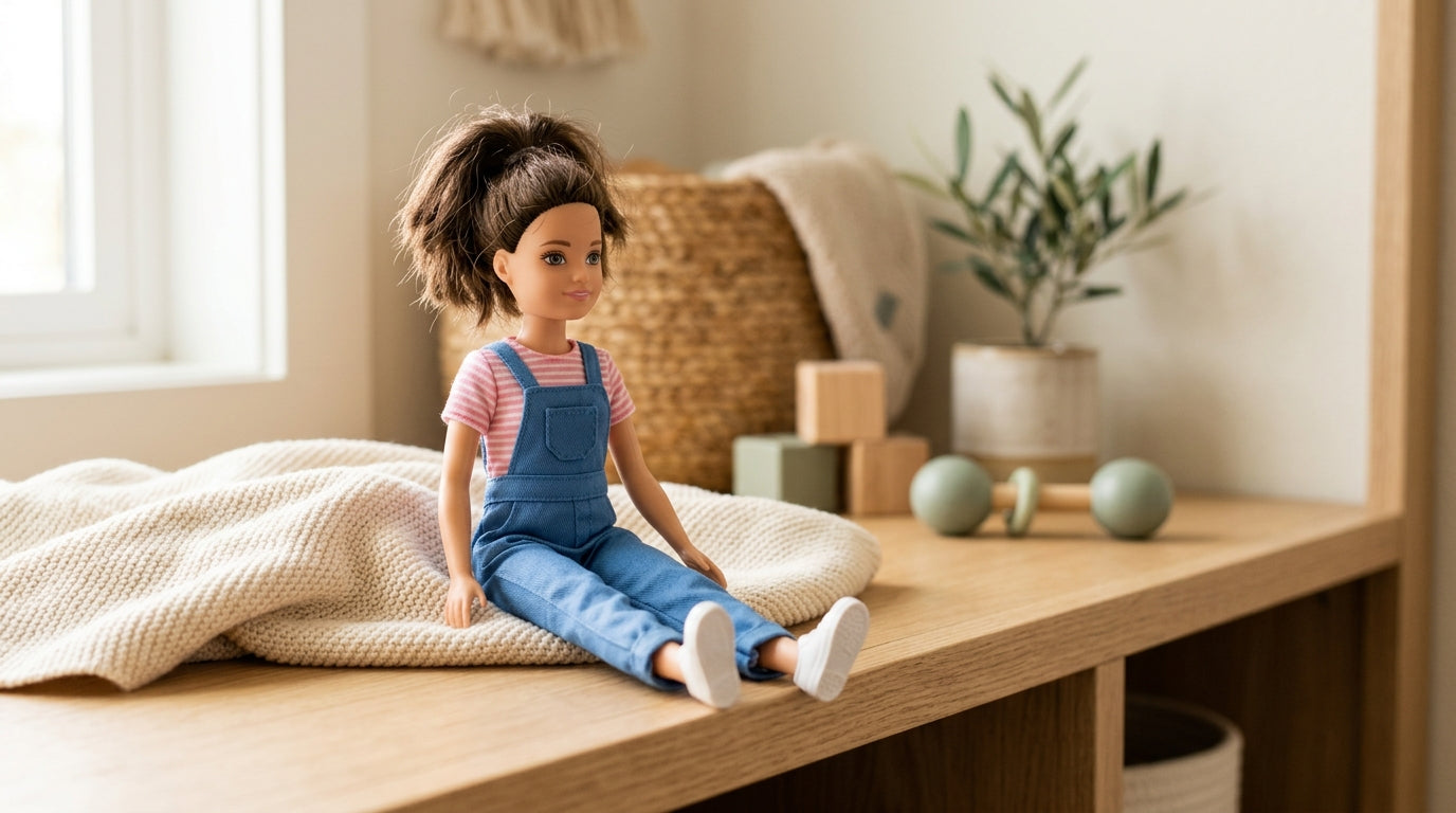 A tired father frantically scanning a rug with a flashlight for miniature plastic Barbie accessories.