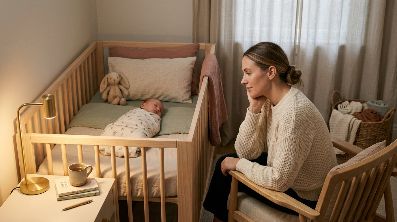 An exhausted dad looking at his phone while holding a sleeping baby in a dark room.