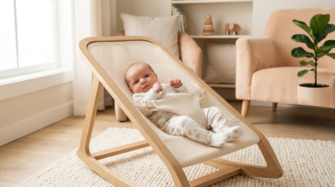 Priya testing tub water temperature with a newborn in a grey mesh seat