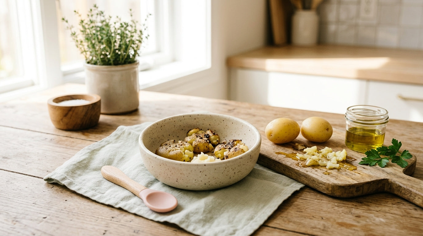 Messy highchair tray with safe smashed baby potatoes for a weaning infant.