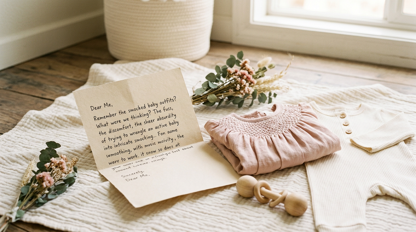 A baby girl in a smocked dress looking suspiciously at a bowl of carrots