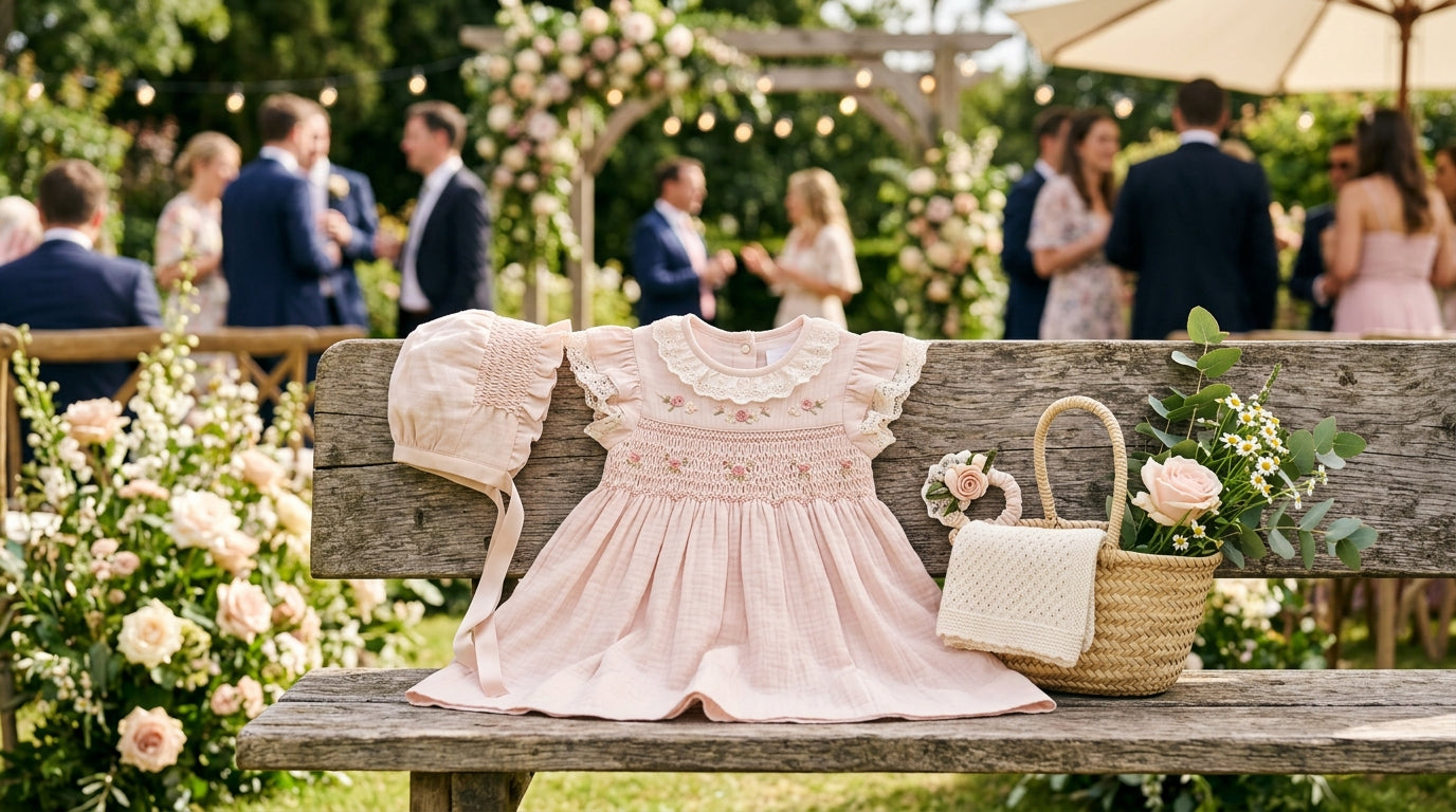 Tired dad holding a toddler wearing a stretchy traditional gathered dress