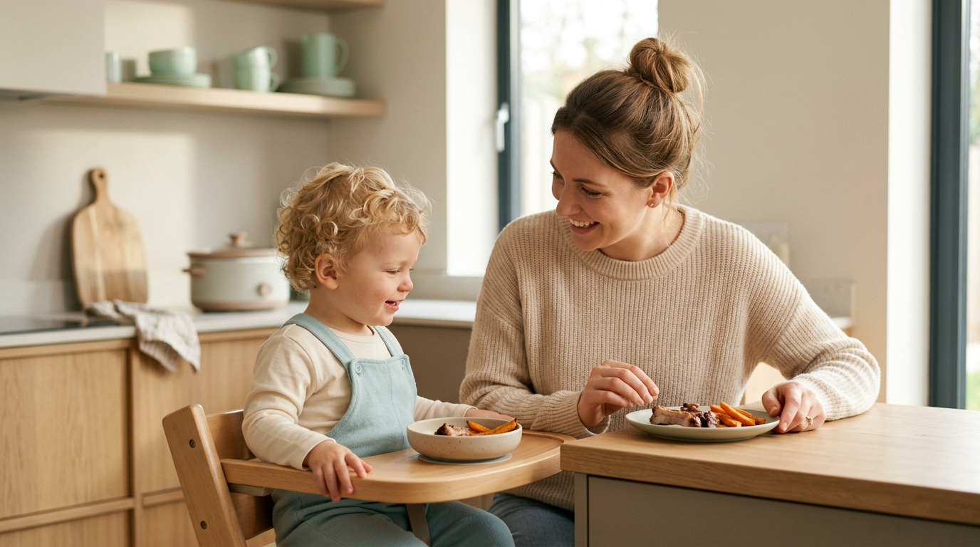Dad checking smoker temperature while baby plays on a bamboo blanket with a rib bone