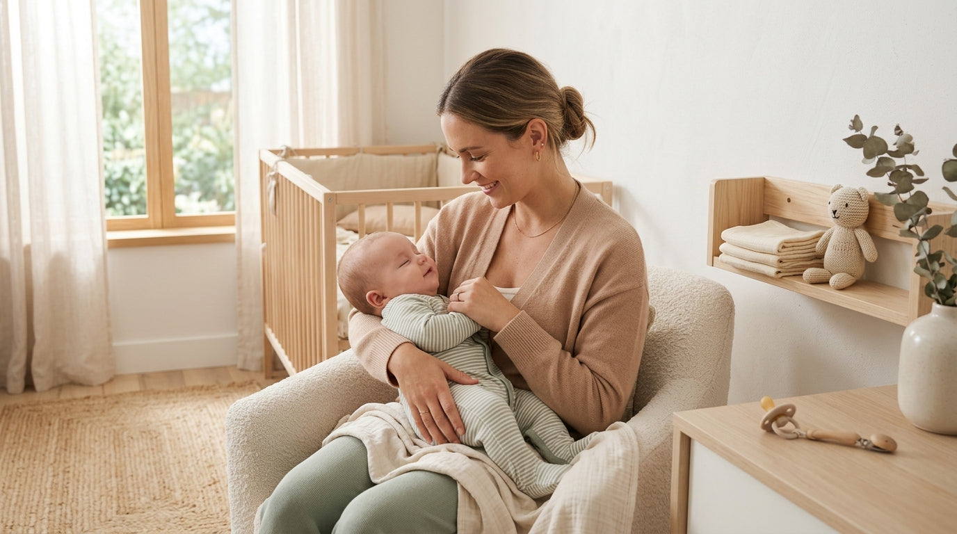 A tired mom holding a fussy infant in a dimly lit kitchen at 3 AM