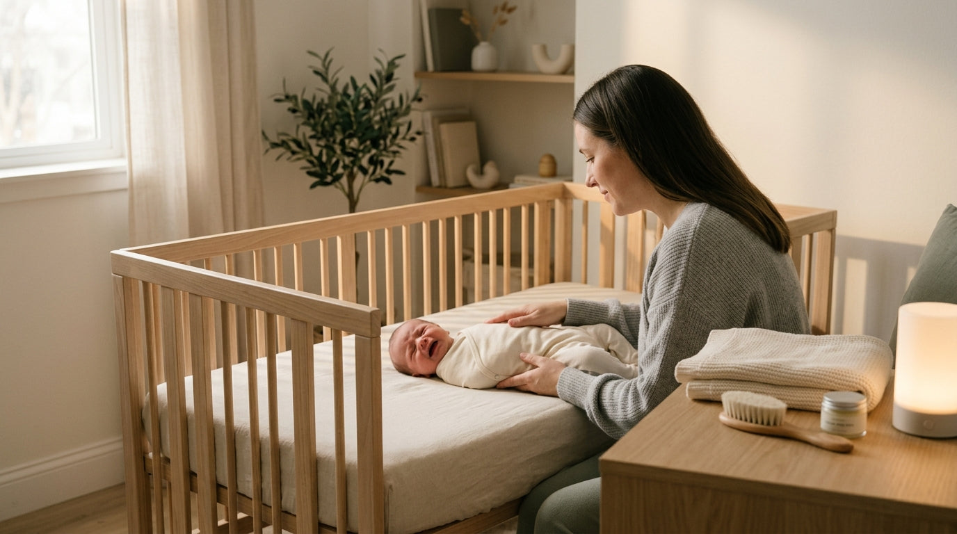 Mother sitting in dark nursery holding a crying baby.