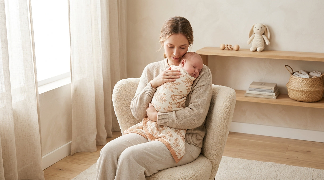 Exhausted mom holding the TV remote while folding baby clothes