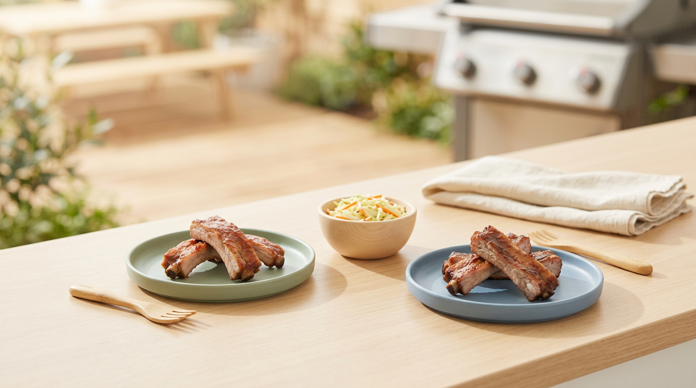 11-month-old baby eating baby back ribs in a Portland backyard