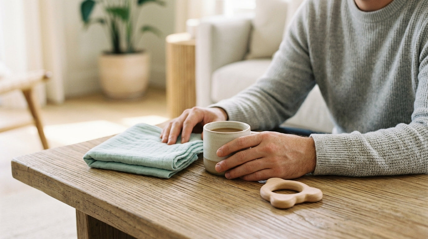 Tired dad holding an awake baby looking at a smartphone screen in a dark room