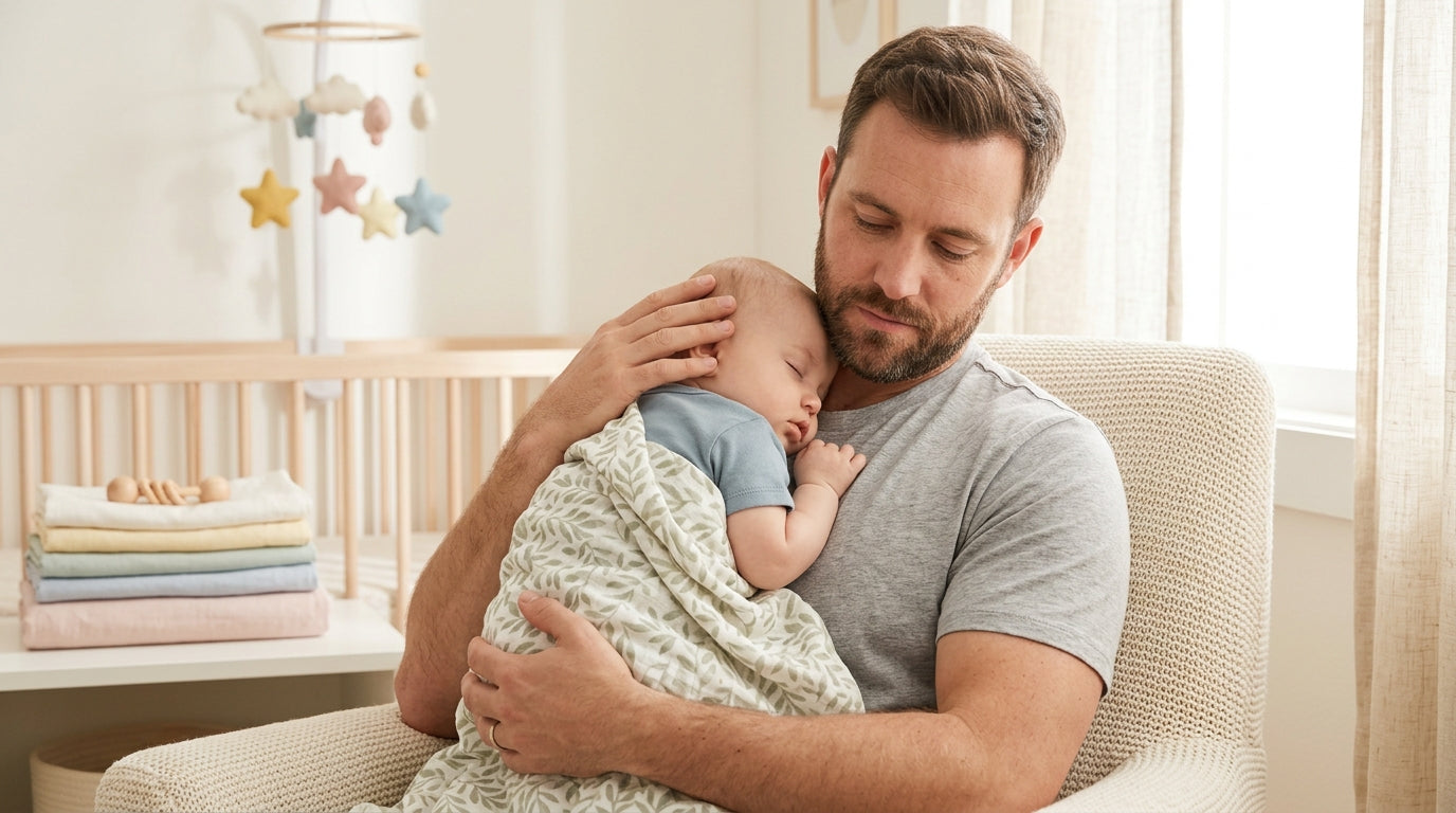 Exhausted dad holding newborn twins in the middle of the night