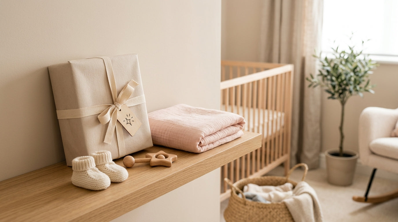 Dad holding a sleeping baby while reading pop culture news on his phone in a dimly lit nursery.