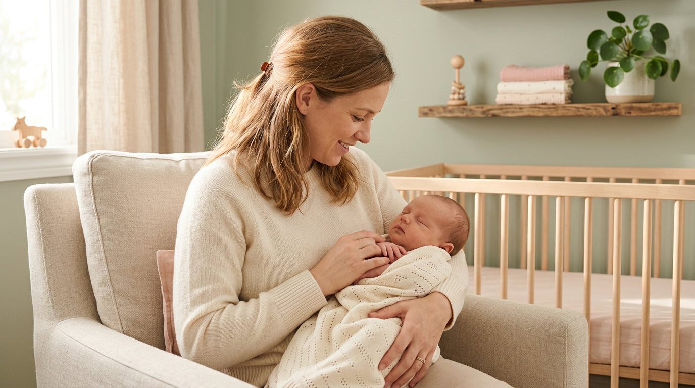 Exhausted dad holding his baby near a wooden play gym and organic cotton baby products