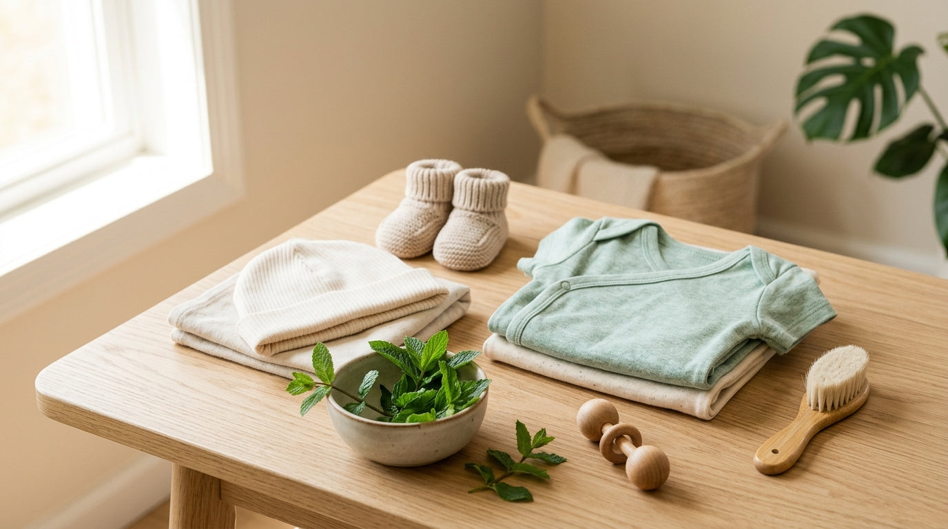 Marcus holding a baby and a bunch of spearmint leaves next to an organic cotton bodysuit