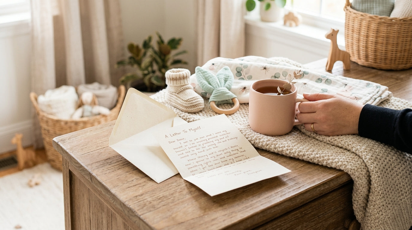 A tired mother looking at a spider plant in a baby nursery.