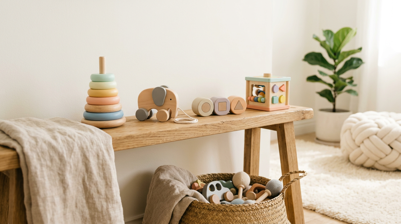 Wooden balance bike and scattered blocks on a living room rug