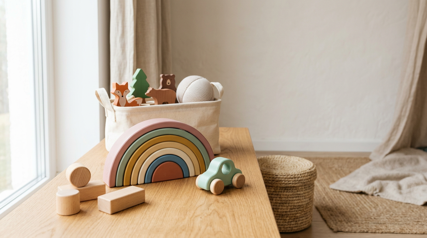 A wooden toy block and a soft baby blanket on a messy living room floor.