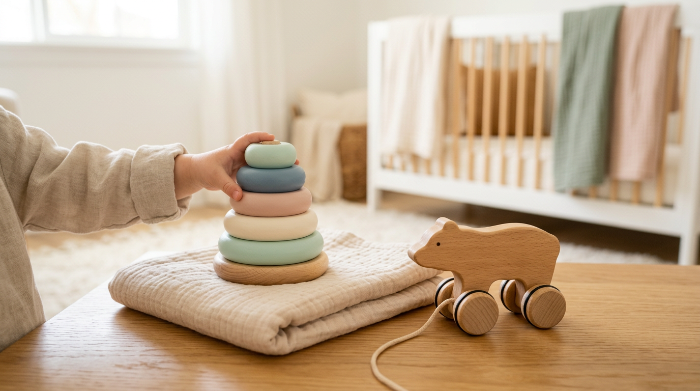 A wooden push cart and scattered blocks on a living room rug