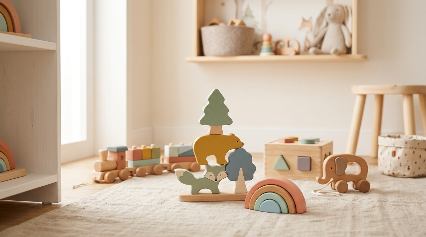 DreijΓ€hriges Kind spielt konzentriert mit Holzbausteinen auf einer Matte