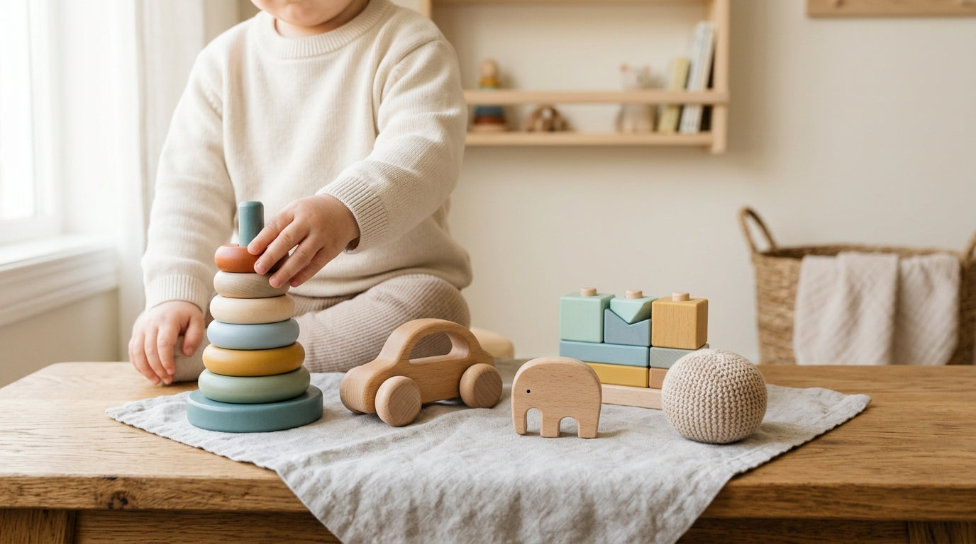 Kleinkind spielt auf dem Boden mit einfachen Holzbausteinen