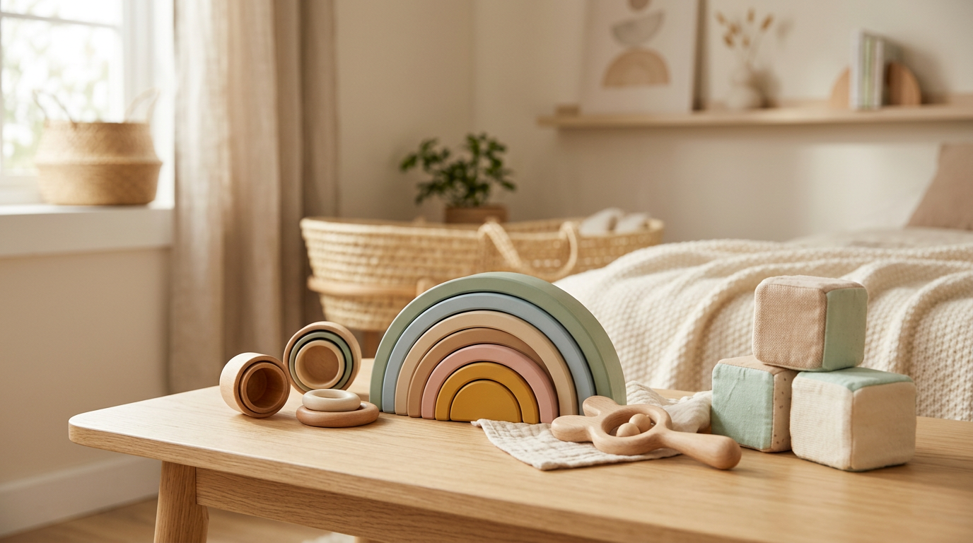 A scattered pile of wooden sorting blocks on a living room rug