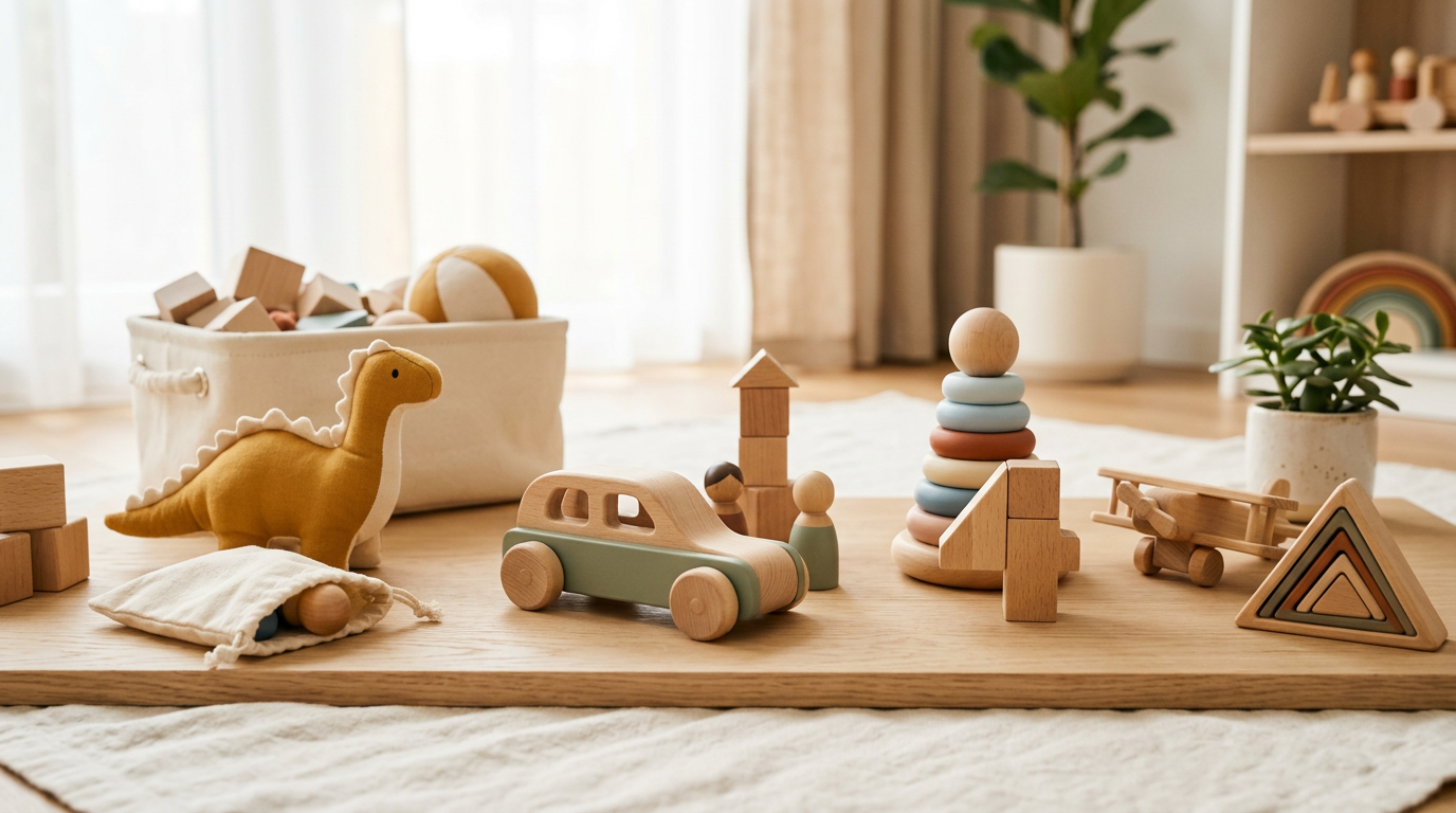 A wooden train track scattered across a living room rug next to a cup of lukewarm coffee