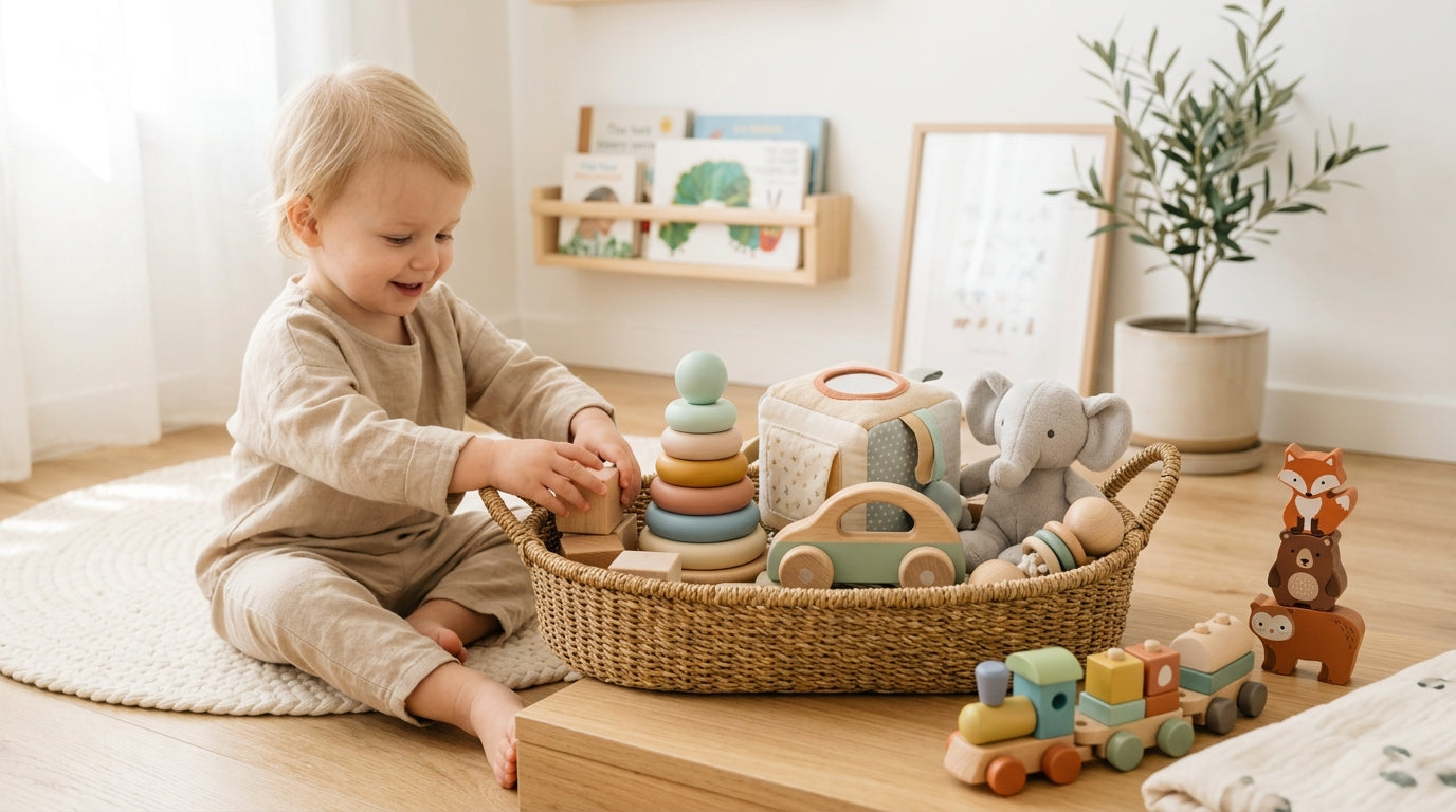 Messy living room floor covered in wooden blocks and toddler toys