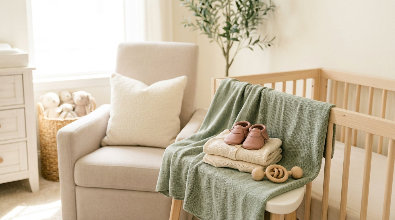 A mom folding laundry while her baby plays on a wooden play mat