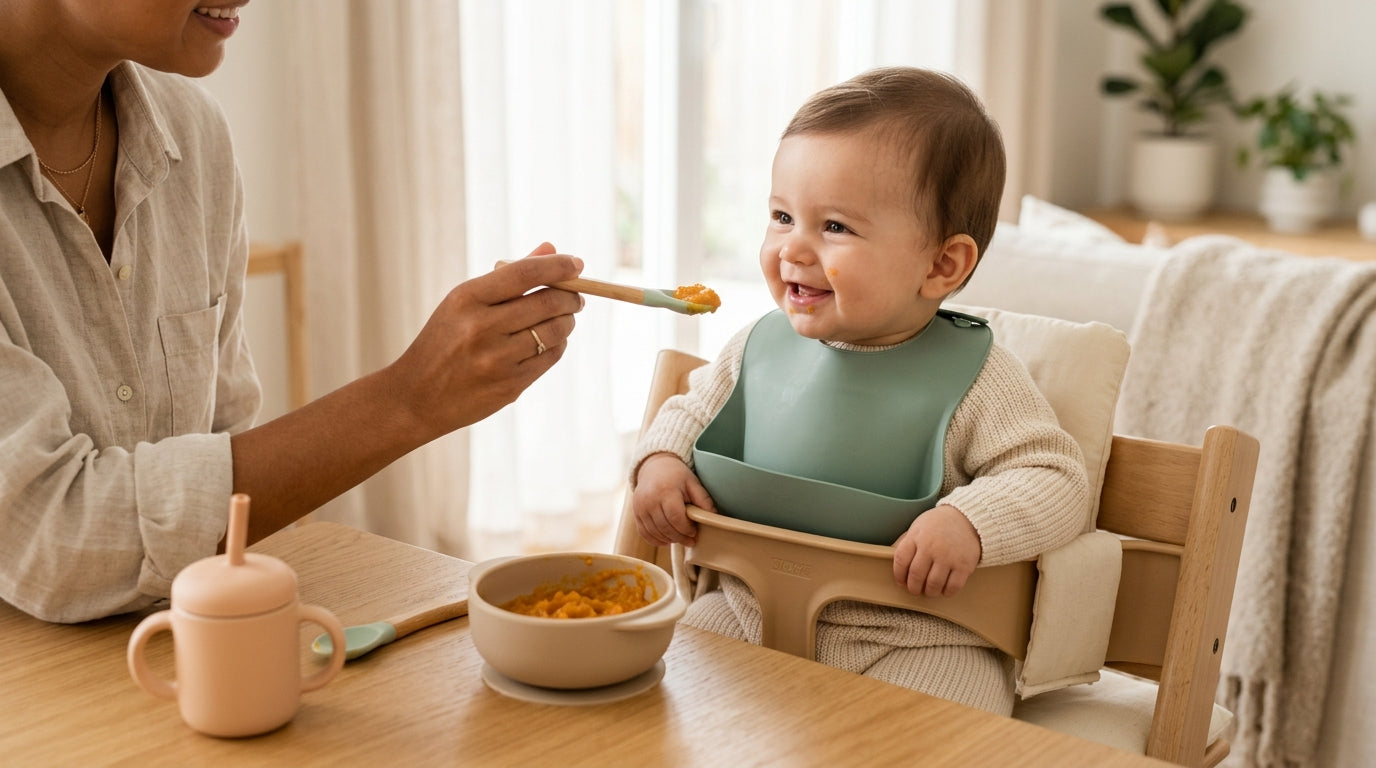 Mom feeding sweet potatoes to a baby in a high chair in a messy kitchen.