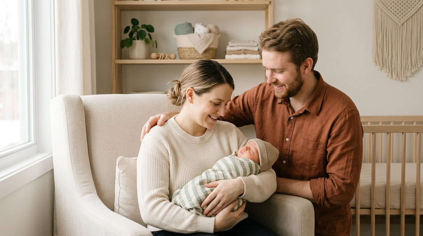 Exhausted couple sitting on the nursery floor holding their baby boy wrapped in a bamboo blanket
