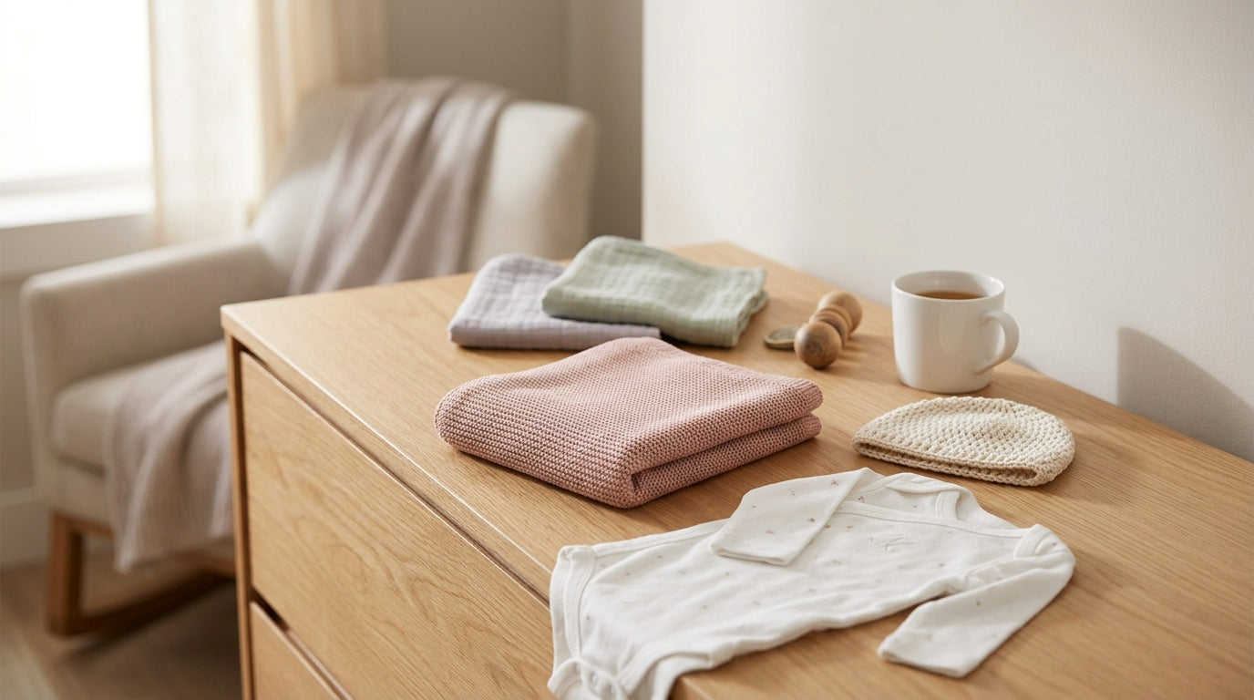 Empty wooden baby crib with a folded beige blanket in a dimly lit room