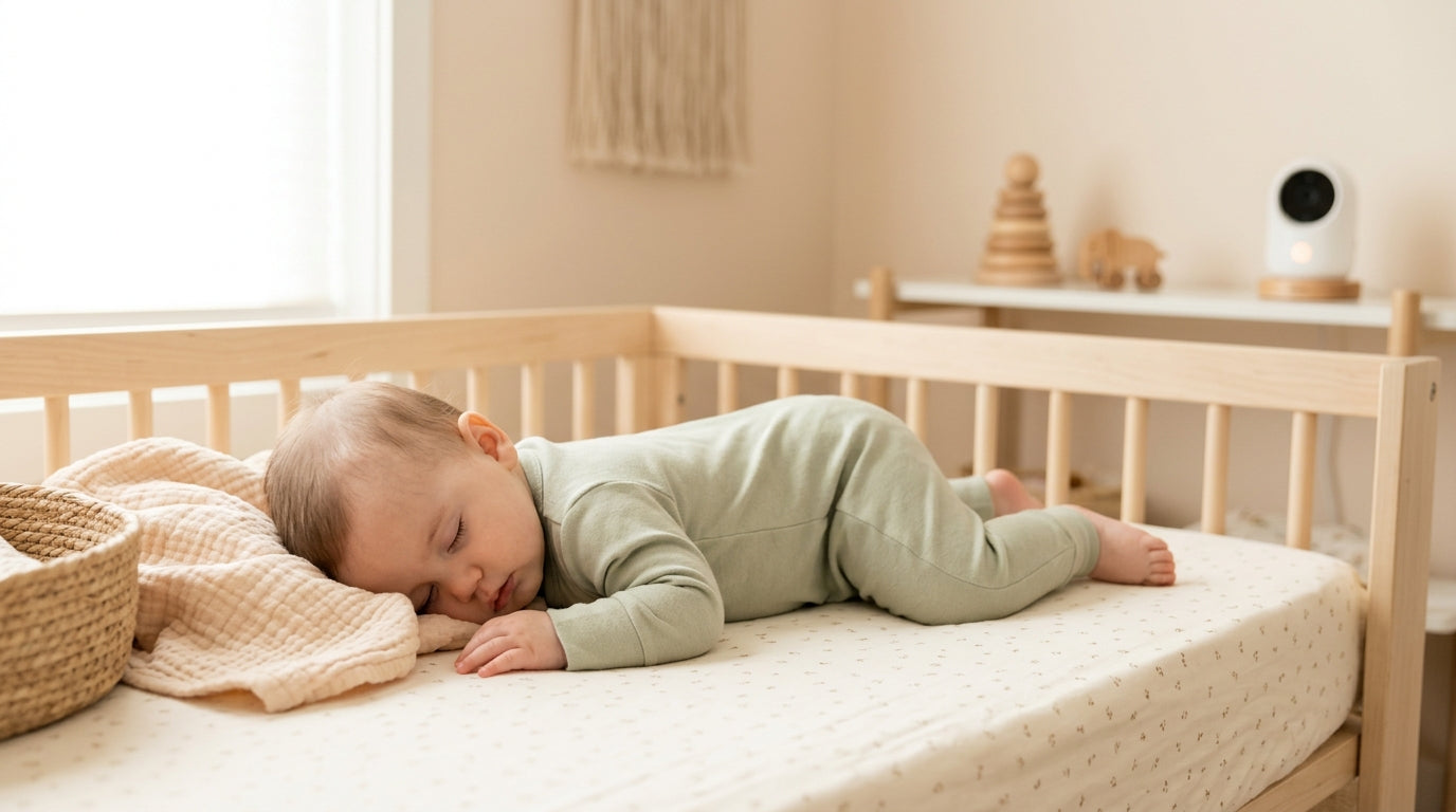 A blurry black and white baby monitor screenshot showing a baby asleep