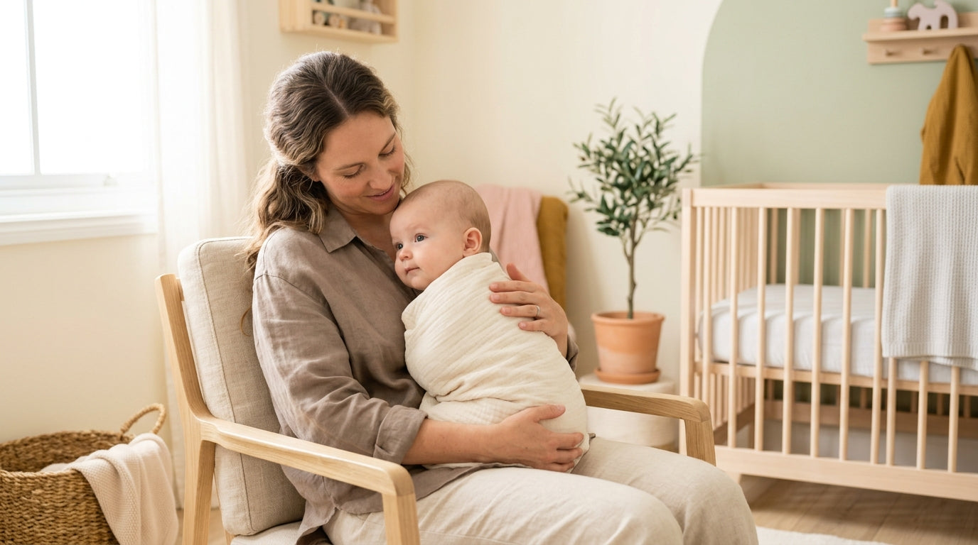 A mother holding her baby upright over her shoulder for a burp break