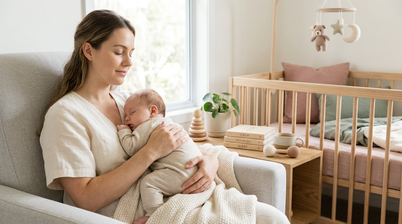 Jess messy living room with kids playing independently on a bamboo blanket