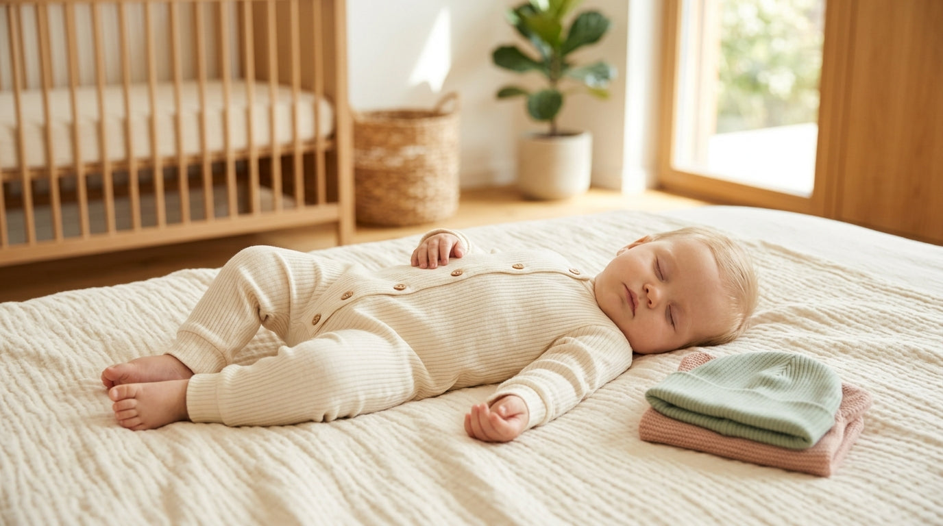 A tired mom folding a massive pile of baby laundry including rompers
