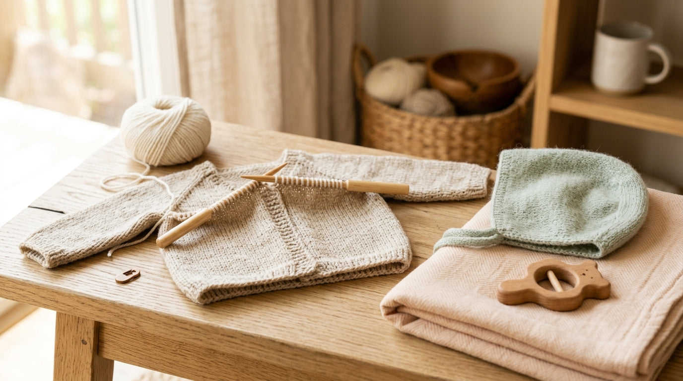 Pregnant mom struggling with baby knitting patterns on the couch