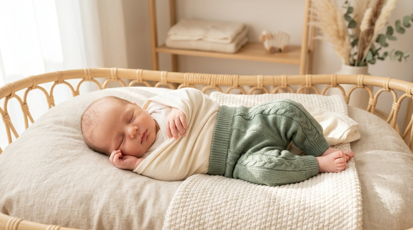 Baby Leo wearing a brown wool strickhose pant while sleeping on a rug