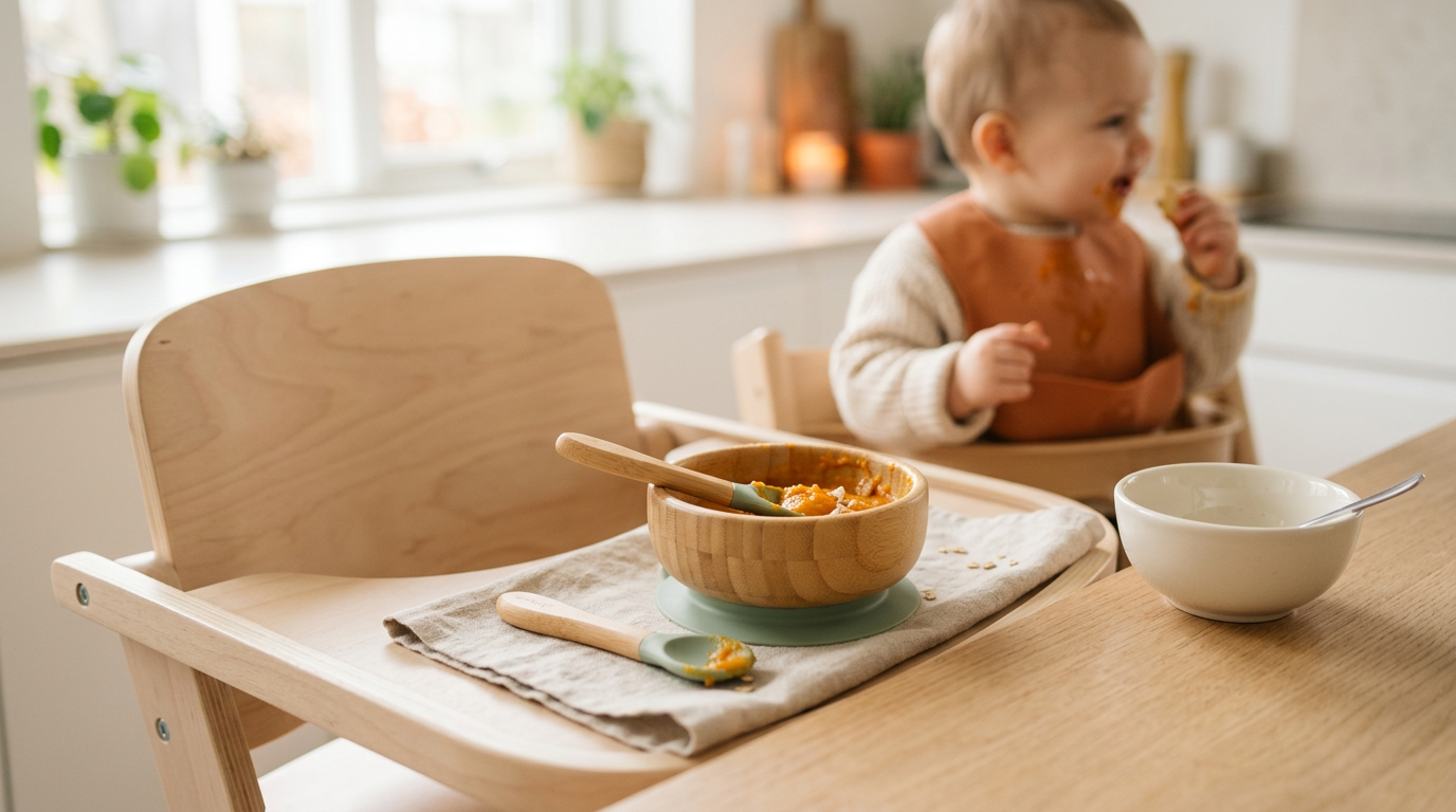 A messy baby eating sweet potato puree out of a green silicone suction bowl on a high chair