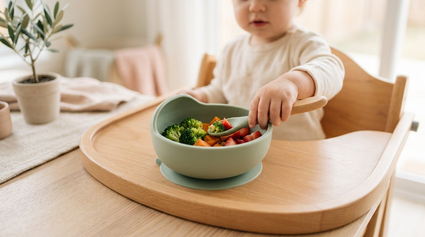 A half-eaten bowl of spaghetti in a silicone suction bowl stuck to a messy tray.